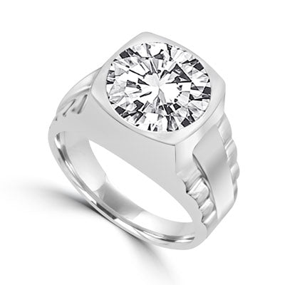 14K Solid White Gold Bezel set man's ring, 5.0 cts. t.w., with massive round cut centerpiece. Big stone, little "rock" for a big mover and shaker, wherever he's from.