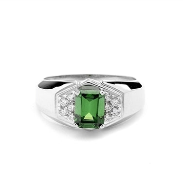 man's ring with a 1.5 cts. Emerald Essence Stone center and Brilliant Melee