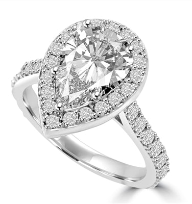 Diamond Essence Halo Setting Designer Ring With 3 Cts. Pear Center and Melee around And On The Band, 5.50 Cts.T.W. In 14K White Gold.