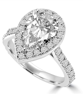 Diamond Essence Halo Setting Designer Ring With 3 Cts. Pear Center and Melee around And On The Band, 5.50 Cts.T.W. In 14K White Gold.