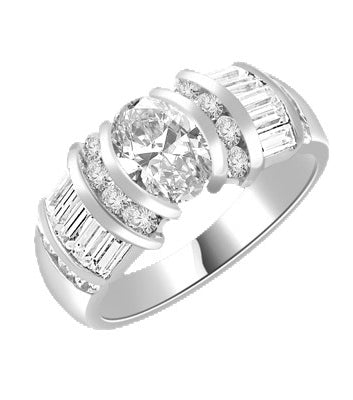 Tosca - Magnificently Brilliant Ring with 1.0 Cts. Oval Center Stone and Melee and Baguette Highlights - 2.0 Cts. T.W. in 14K Solid White Gold.