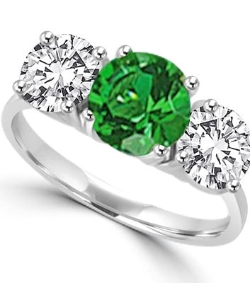 solid white gold Ring round emerald and brilliant side stones