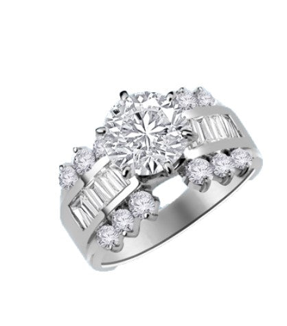round stone ang baguettes white gold ring