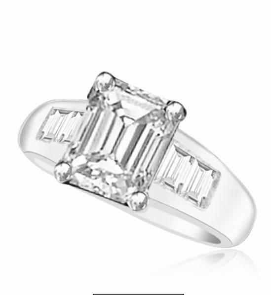 Prong Set Designer Ring with Simulated Emerald Cut Diamond and Brilliant Baguettes by Diamond Essence set in 14K Solid White Gold