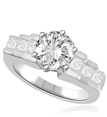Prong Set Designer Ring with Artificial Round Brilliant and Princess Cut Diamonds by Diamond Essence set in 14K Solid White Gold