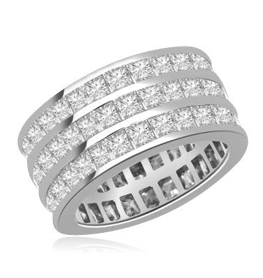 Wedding Eternity Ring with 3 rows of Square Cut Masterpieces going elegantly all around the band. 4 Cts. T.W, in 14K White Gold.