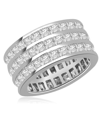Wedding Eternity Ring with 3 rows of Square Cut Masterpieces going elegantly all around the band. 4 Cts. T.W, in 14K White Gold.