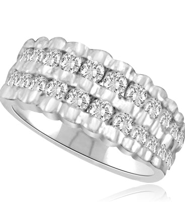 Channel Set Ribbed Ring with Simulated Round Brilliant Diamonds by Diamond Essence set in 14K Solid White Gold