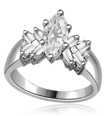Glowing Ring with 1 Ct. Marquise Center and Baguette accents, 2 Cts. T.W, in 14K White Gold.