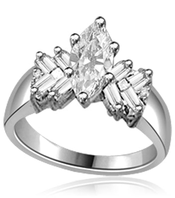 Glowing Ring with 1 Ct. Marquise Center and Baguette accents, 2 Cts. T.W, in 14K White Gold.