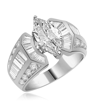 ring-2 ct marquise cut center, baguettes and melee