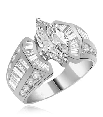 ring-2 ct marquise cut center, baguettes and melee