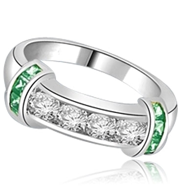 Brilliant channel-set Diamond Essence diamonds with a bar of Princess cut Emerald Essence on either side. 1.35 cts. T.W. set in 14K Solid White Gold.
