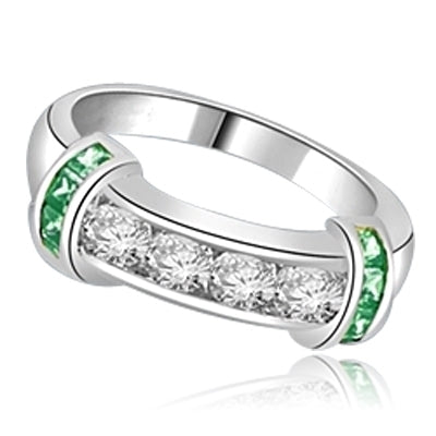 Brilliant channel-set Diamond Essence diamonds with a bar of Princess cut Emerald Essence on either side. 1.35 cts. T.W. set in 14K Solid White Gold.