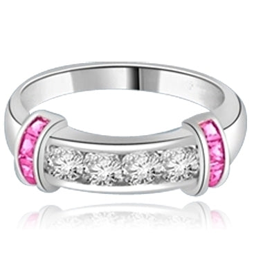 Brilliant channel-set Diamond Essence diamonds with a bar of Princess cut Ruby Essence on either side. 1.35 cts. T.W. set in 14K Solid White Gold.