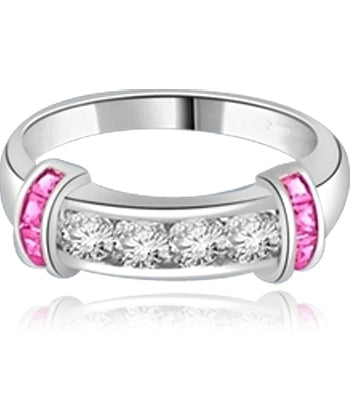 Brilliant channel-set Diamond Essence diamonds with a bar of Princess cut Ruby Essence on either side. 1.35 cts. T.W. set in 14K Solid White Gold.