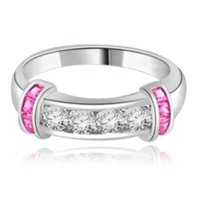 Brilliant channel-set Diamond Essence diamonds with a bar of Princess cut Ruby Essence on either side. 1.35 cts. T.W. set in 14K Solid White Gold.
