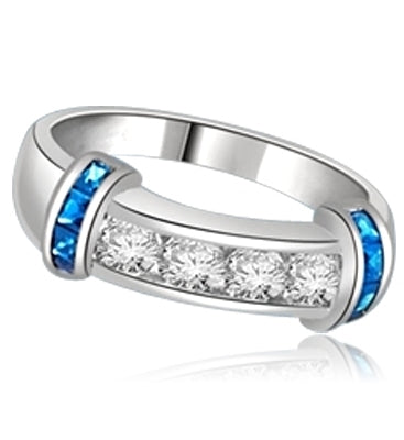 Brilliant channel-set Diamond Essence diamonds with a bar of Princess cut Sapphire Essence on either side. 1.35 cts. T.W. set in 14K Solid White Gold.
