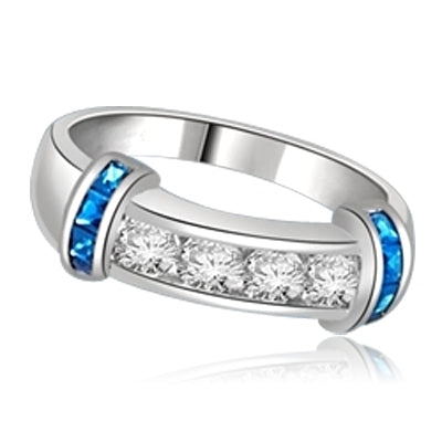 Brilliant channel-set Diamond Essence diamonds with a bar of Princess cut Sapphire Essence on either side. 1.35 cts. T.W. set in 14K Solid White Gold.