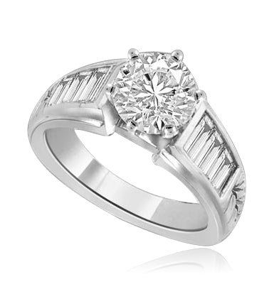 Prong Set Designer Ring with Simulated Round Brilliant Stone and Baguettes By Diamond Essence set in 14K Solid White Gold