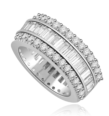 Private Pleasures - Wide Band Ring with a beautiful triple spin! Three heavenly rows of Diamond Essence Masterpieces. In the center, intimately touchinh channel set baguettes, and on both side round cut melee pieces. 5 Cts. T.W, in 14K Solid White Gold.