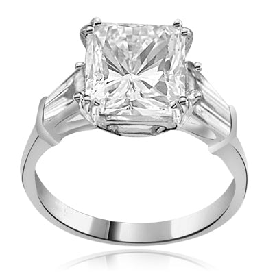 Prong Set Engagement Ring with Artificial Princess Cut Brilliant Diamond and Baguettes by Diamond Essence set in 14K Solid White Gold
