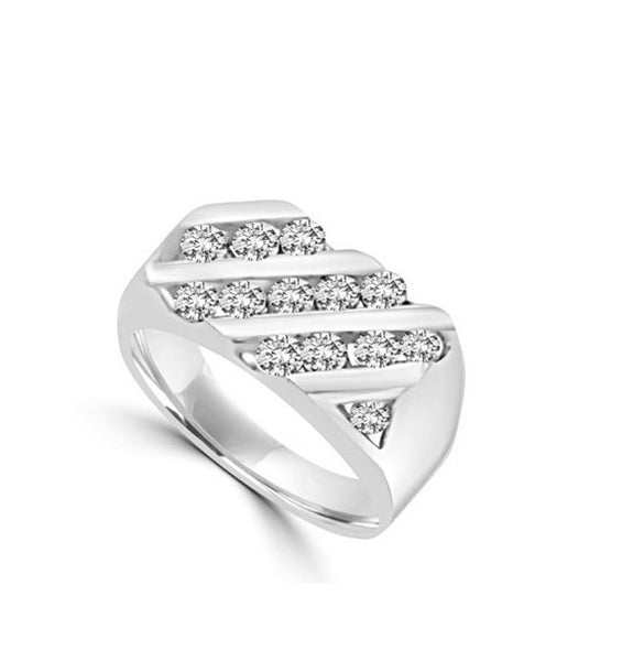 14K White Gold man's ring with round Diamond Joy stones, total 14, in three rows, 1.5 ct. t.w.