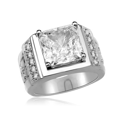 14K White Gold mans ring with a massive 6.0 ct. Radiant Square cut Diamond Essence Masterpiece surrounded by a loyal group of flawless, diamond-bright Round cut team players. 6.5 cts. t.w. Projects the perfect aura for your dynamic man.
