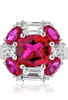 Ring emerald cut and oval cut ruby stones with baguettes