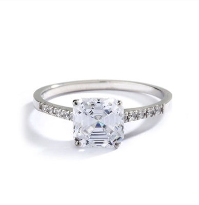 Diamond Essence Designer ring with 2.0 ct. Asscher cut Diamond Essence center with round stones on band, 2.10 Ct. T.W. set in 14K Solid White Gold.