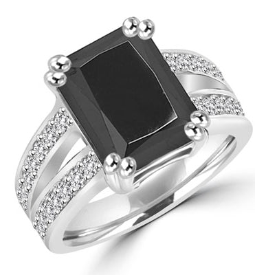 Diamond Essence Designer ring with 5.0 ct. Onyx stone in center with two rows of round stone on each side of the band, 5.50 Cts. T.W. set in 14K Solid White Gold.