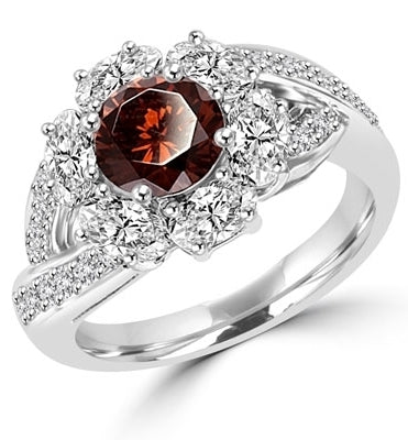 Diamond Essence Designer Ring with 1.0 ct. round Chocolate stone in center, surrounded by Oval stone and small round stones on each side of band. 3 cts. T.W. set in 14K Solid White Gold.