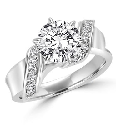 Intertwined Love! Brilliant 2 Ct Center in perfect harmony with twirling band of Round Stones. 2. 5 Cts. T.w. In 14k Solid White Gold.
