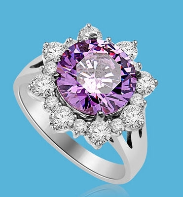 Designer Ring with Round Amethyst Essence in center surrounded by Round Brilliant Diamond Essence and Melee. 4.5 Cts. T.W. set in 14K Solid White Gold.