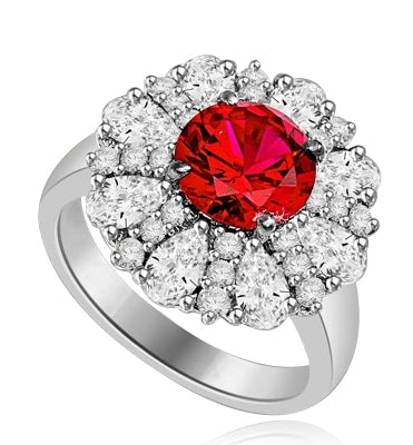 Diamond and Ruby Ring - Outstanding Ring with 2.0 cts. Round Ruby Essence in Center surrounded by Pear cut Diamond Essence and Melee. 5.5 Cts. T.W. set in 14K Solid White Gold