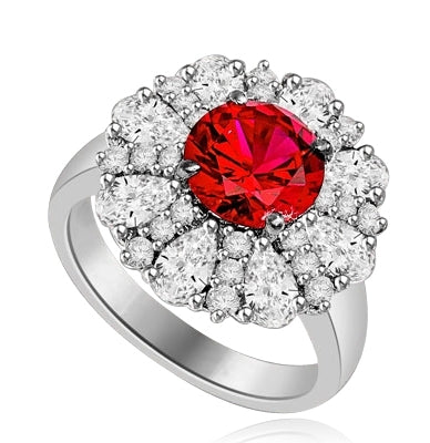 Diamond and Ruby Ring - Outstanding Ring with 2.0 cts. Round Ruby Essence in Center surrounded by Pear cut Diamond Essence and Melee. 5.5 Cts. T.W. set in 14K Solid White Gold