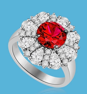Diamond and Ruby Ring - Outstanding Ring with 2.0 cts. Round Ruby Essence in Center surrounded by Pear cut Diamond Essence and Melee. 5.5 Cts. T.W. set in 14K Solid White Gold