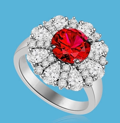 Diamond and Ruby Ring - Outstanding Ring with 2.0 cts. Round Ruby Essence in Center surrounded by Pear cut Diamond Essence and Melee. 5.5 Cts. T.W. set in 14K Solid White Gold