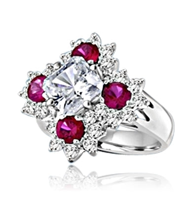 Designer Ring With Asscher cut Diamond Essence in center surrounded by Floral Design created with Round Ruby Essence and Melee. 6.0 Cts. T.W. set in 14K Solid White Gold.
