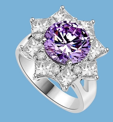 Designer Ring with 3.5 Cts. Round Lavender Essence in center surrounded by Princess Cut Diamond Essence and Melee, making a Beautiful Floral Design. 6.5 Cts. T.W. set in 14K Solid White Gold.