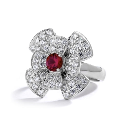 Stack of flowers - 0.65 Ct. Round Ruby Essence set in center of floral design Melee setting. 3.0Cts. T.W. set in 14K Solid White Gold.