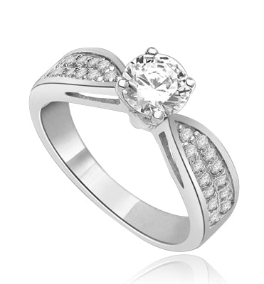 Sexy and Stylish 0.75 Ct. Round Stone Ring with deep channel set round accents on the band. 1.25 Cts. T.W. In 14k Solid White Gold.