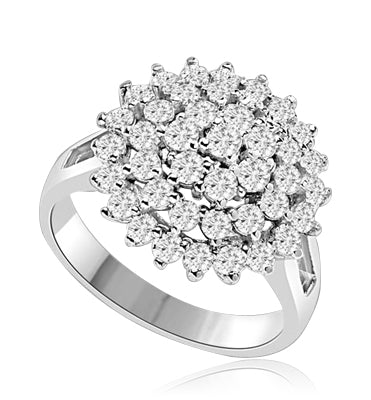 Artistic Flower Cluster Ring that is soaring in poularity. You will sparkle in this sheer brilliance of 4 Cts. T.W. Accents set on Wide Band. In 14k Solid White Gold.