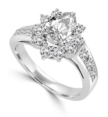 Wide Band Flower Ring sparkles with 1.5 Cts. Oval Center and Round Brilliant Accents and Melee on the band. In 14k Solid White Gold.