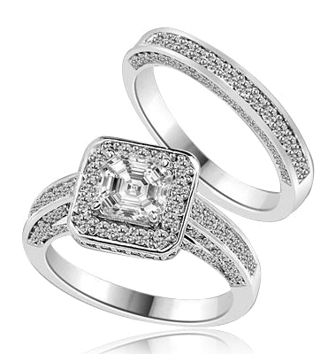 Wedding set with sparkles all around-1.25 Cts. Asscher cut Diamond Essence set in the center, outlined with Melee around and on the band. Curved matching band with sparkling melee. 2.75 Cts. T.W. in 14K White Gold.