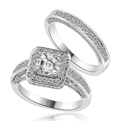 Wedding set with sparkles all around-1.25 Cts. Asscher cut Diamond Essence set in the center, outlined with Melee around and on the band. Curved matching band with sparkling melee. 2.75 Cts. T.W. in 14K White Gold.
