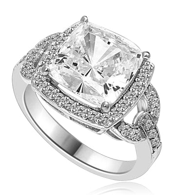 Diamond Essence designer ring 4.0 cts. Cushion cut Diamond essence set high in the center with melee around and on the band. 4.5 cts.t.w in 14K Solid Gold.