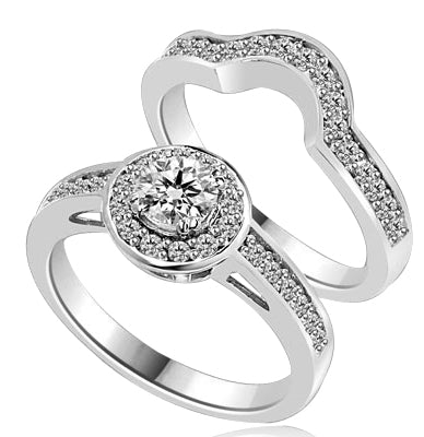 An attractive Wedding Set with 0.50 Ct. Round Brilliant Diamond Essence set in eight prong setting in center with Melee around and on band. The matching Band is curved in center, to fit with main Ring. 1.0 Cts. T.W. set in 14K Solid White Gold.