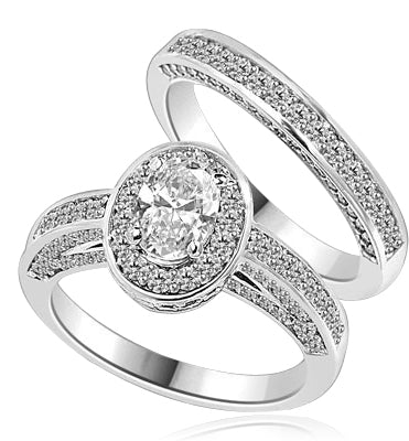 Wedding Set--1.0 ct. Oval cut Diamond Essence set in the center with melee around. Matching band with Melee. 2.50 cts.t.w. in14K Solid White Gold.