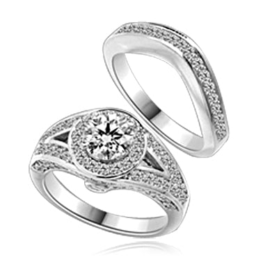 Wedding Set - 1.0 Ct. Round Brilliant Diamond Essence in center with Melee set in intervening design on either side and Wedding band with delicately set Melee. 2.35 Cts. T.W. in 14K White Gold.